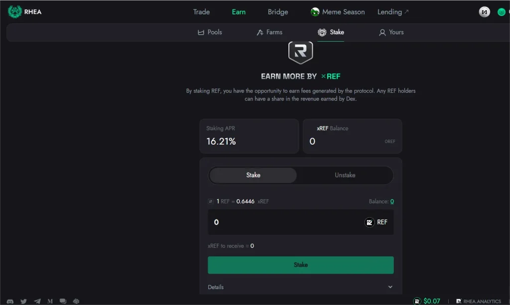 Rhea-Finance-Airdrop-Staking-Page